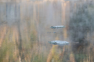 Beautiful morning fog or smoke over Huay mak leam hot spring, Lam Nam Kok National Park, Thailand