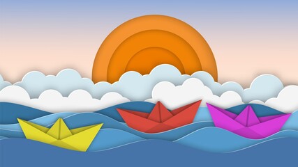 Sailboat in the sea. Sun, clouds. Paper cut illustration for advertising, travel, tourism, cruises, travel agency Vector illustration