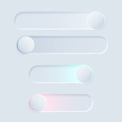 Neumorphic UI switch light set. Workflow graphic elements in Skeuomorph Trend Design. Elements for smart technology and applications. Editable Vector illustration.