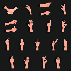Vector set of hand gestures. Counting on fingers, shaking hands, grabbing, pinching, pointing, open hand, gesture all is well, hold, thumbs up.