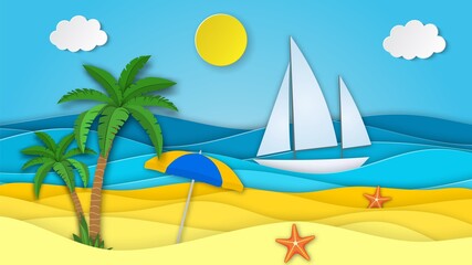 Sea landscape with beach with umbrella, waves, clouds. Sailboat in the sea. Paper cut out digital craft style. blue sea and beach summer background with paper waves and seacoast. Vector illustration