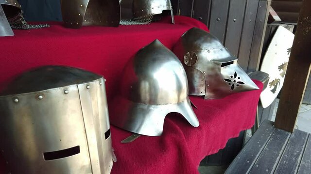 Two knight's helmets in the old castle.