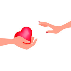 Male hand gives heart to a female hand. Vector icon, symbol of love, eps 10.