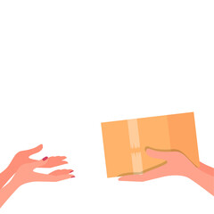 Male hands give the box into female hands. Vector illustration, flat cartoon design, eps 10.