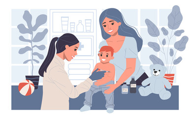 Positive pediatrician vaccinating cute child in medical office. Kid doctor making injection of vaccine to toddler boy. illustration for immunity health, disease prevention, inoculation concept