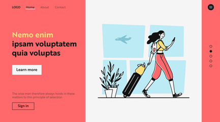 Passenger with smartphone wheeling luggage. Airport, airplane, woman flat illustration. Travel, flight, communication concept for banner, website design or landing web page