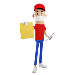 3D illustration render delivery man red uniform send paper bag at home and stand wait customer sign accept parcel stay at home in virus covid-19 scourge