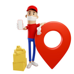 3D illustration render delivery man red uniform send package at home show holding phone mock up isolated leaning on location icon stay at home in virus covid-19 scourge