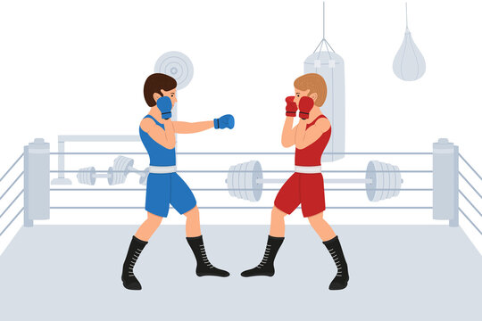 Two young boxers fight in the ring. Cartoon characters train or compete. Dangerous sport vector illustration