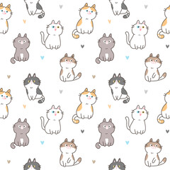 Seamless Pattern with Cute Cartoon Cat and Hearts on White Background