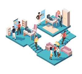 Teamwork business analytics isometric concept. Illustration team analyst managers well coordinated development marketing system creative staff management successful partnership. Infographic vector.