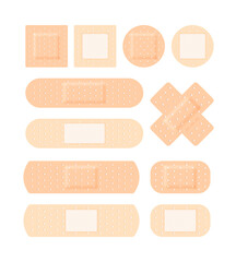 Adhesive plaster medical set. Antiseptic patch various forms direct square cruciform bactericidal corn medical healing first aid injuries cuts wounds. Vector realistic style.