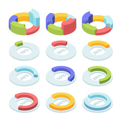 Isometric circle pie chart set. Infographic presentation information circle percentages graphic color marketing data visual process statistical financial information. Isometric vector style.