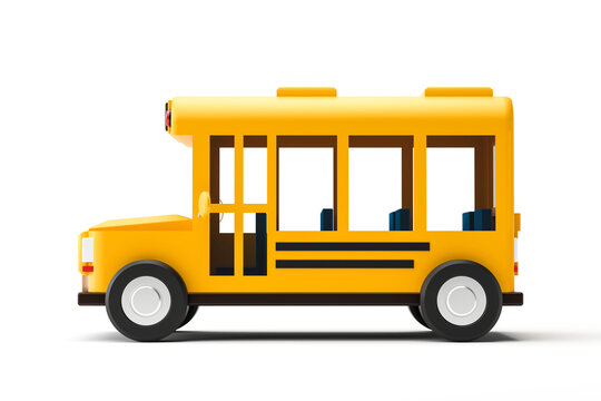 Yellow school bus and side view isolated on white background with back to school concept. Classic school bus automobile. 3D rendering.