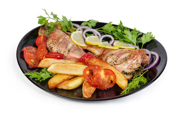 Baked ocean perches with tomatoes and french-fried potatoes