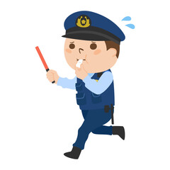焦ってる男性警察官のイラスト。赤い誘導棒と警笛を持って走っている。