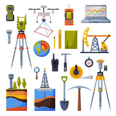 Geodesy Equipment Collection, Geodetic Engineering Instruments and Devices Flat Style Vector Illustration on White Background - obrazy, fototapety, plakaty
