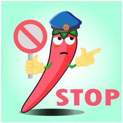 Cute mexican chili police officer cartoon character with police hat, hands pointing and stop sign design