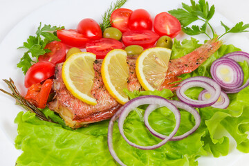 Baked ocean perch served with vegetables, fragment close-up