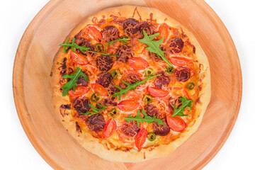Pizza with thick outer ring on serving board, top view