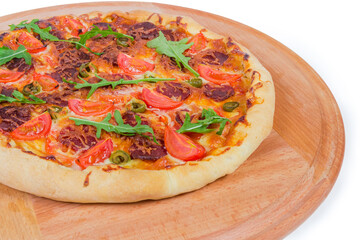 Pizza with thick outer ring on serving board located left