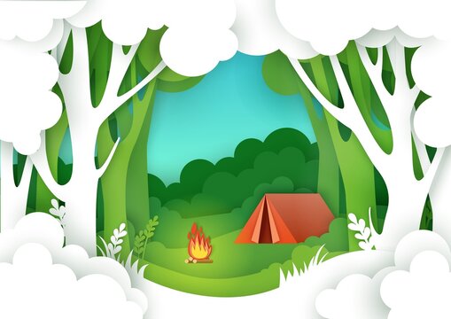 Summer camping in forest, vector illustration in paper art style