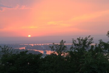 Obraz premium Sunset and fog over Asparuhov bridge in Varna (Bulgaria)