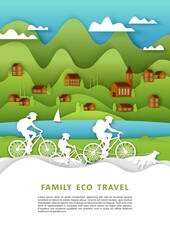 Family eco travel, vector illustration in paper art style