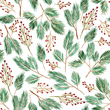Watercolor seamless natural pattern with green branches and red berries