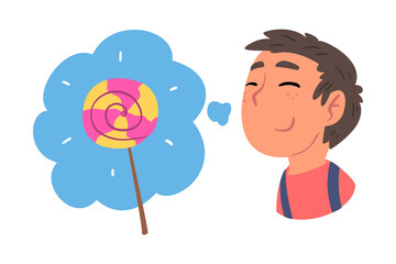 Young Man Dreaming about Lollipop, Human Thoughts and Needs Cartoon Style Vector Illustration on White Background