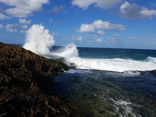 Fototapeta na wymiar rocky shore at beach with waves in Isabela, Puerto Rico