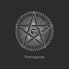 Pentagram with Sun and Crescent, vector illustration in engraving style. Vintage pastiche of esoteric and occult sign.