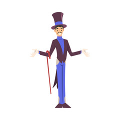 Magician Standing with Cane, Illusionist Character in Tailcoat and Top Hat Performing at Magic Show Cartoon Style Vector Illustration