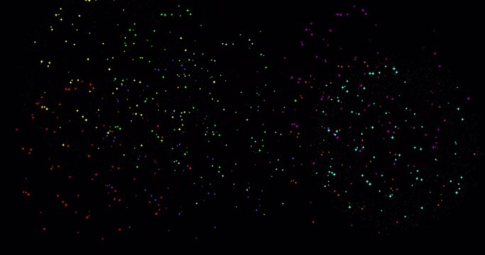 Realistic colourful fireworks on black background. Animation of firework for New year's celebration