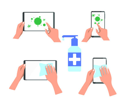 The tablet and phone are contaminated with germs. The hand cleans and disinfects the surface of devices with the help of a special tool. Vector, flat cartoon. Concept: disinfection, cleaning, gadget.