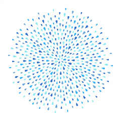 Round shape, circle made of tiny sprayed water drops, droplets, raindrops, tears. Radial splash, splatter template for borders, frames, design element. Shades of blue abstract rainy autumn background.
