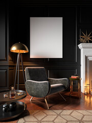 Classic black interior with armchair, wall panel and decor. 3d render illustration mock up.