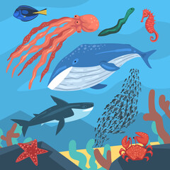 Marine Life, Ocean Inhabitants, Sea Fauna of Octopus, Whale, , Fishes, Crab, Starfish Vector Illustration