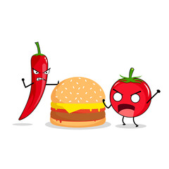 Cartoon illustration of chili, burger and tomato