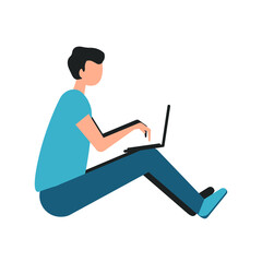 The guy is sitting on the floor with a laptop. Vector illustration, flat cartoon design, eps 10.
