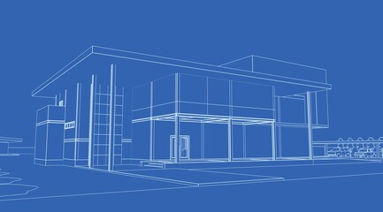 3D illustration of building design in blueprint image