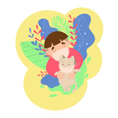 A boy in a medical mask holds a cat in his arms. Vector flat cartoon illustration.