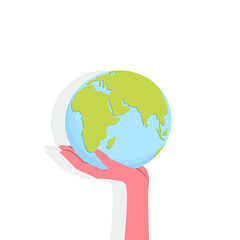 Hand holds planet Earth. Vector illustration, flat cartoon design, eps 10.