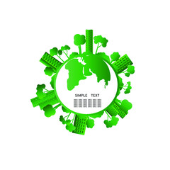 Planet earth with continents, trees, buildings and place for text. Vector icon, eps 10.