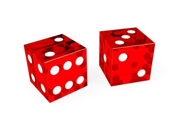 Two red casino plastic dice with white dots on white background