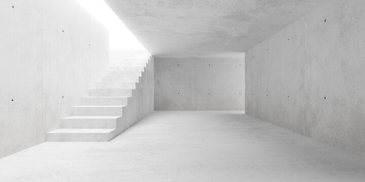 Abstract Empty, Modern Concrete Walls Room With Stairs And Indirect Lit From Above - Industrial Interior Or Gallery Background Template