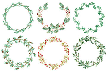 Set of hand drawn decorative christmas wreaths. Collection of watercolor floral circle borders and frames for design cards or templates