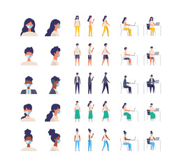People character of various races wearing a surgical mask. Different poses. Vector illustration. full length.
