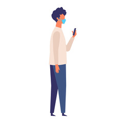 Vector illustration of the man texting while walking with a surgical mask.
