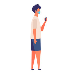 Vector illustration of the man texting while walking with a surgical mask.